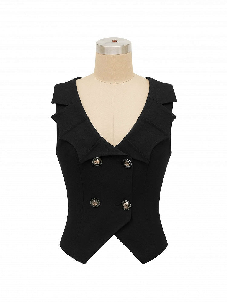 Black Waistcoat with Gothic Bat Wing Collar and Rear Lace-Up Detail - LAgreability