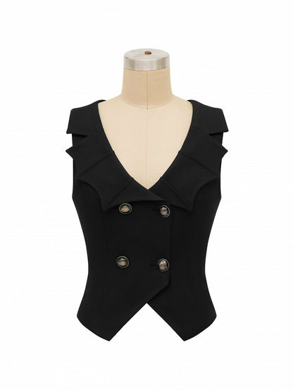 Black Waistcoat with Gothic Bat Wing Collar and Rear Lace-Up Detail - LAgreability