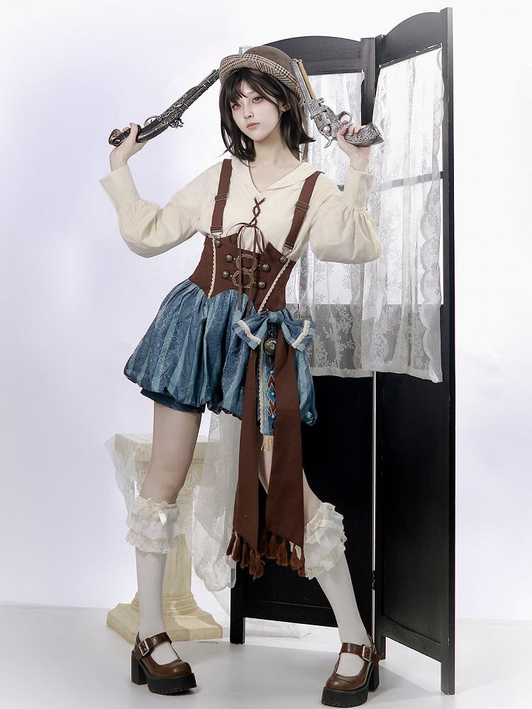 Brown & Blue Wasteland Style Asymmetrical Lolita Cape + Lace-Up Top + Striped Overall Shorts Set - Xiong Dou Jiang