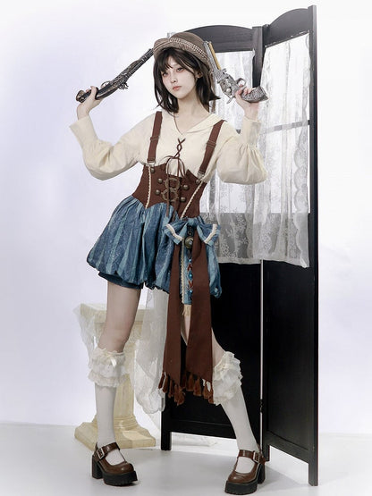 Brown & Blue Wasteland Style Asymmetrical Lolita Cape + Lace-Up Top + Striped Overall Shorts Set - Xiong Dou Jiang