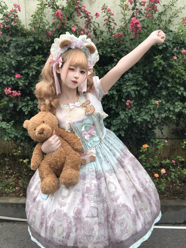 Rose & Mint Short Sleeve OP Gown with Bear Motif - Lunethe