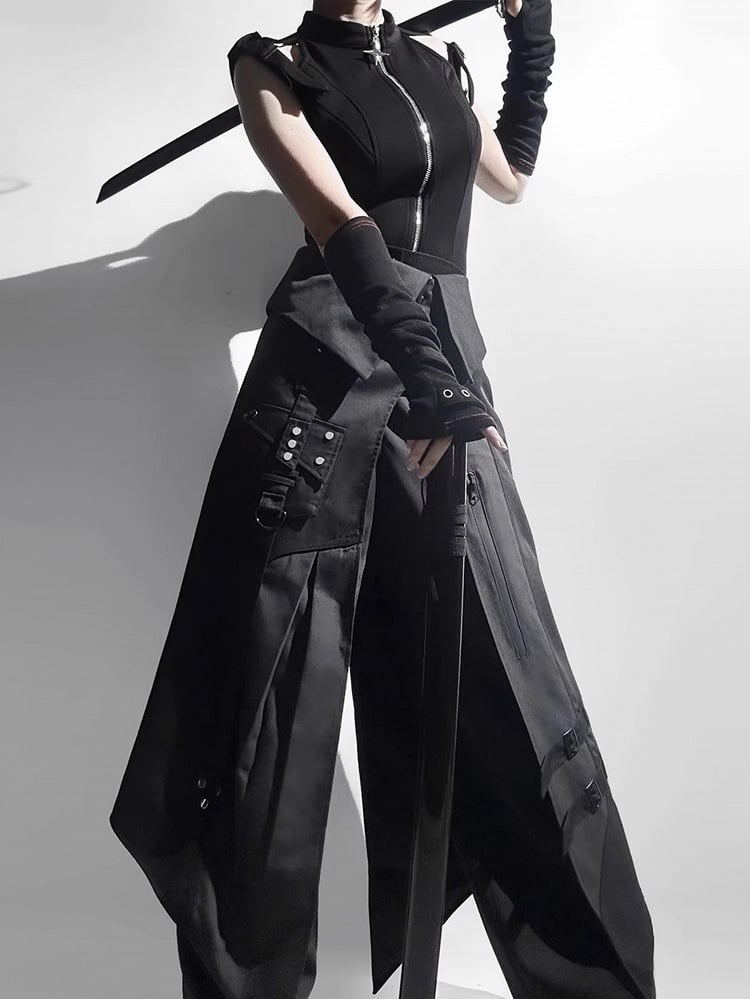 Schwarze Hose All + Techwear Top Set Ouji - Gürtel Ärmellos Mode Vollschürze Gothic
