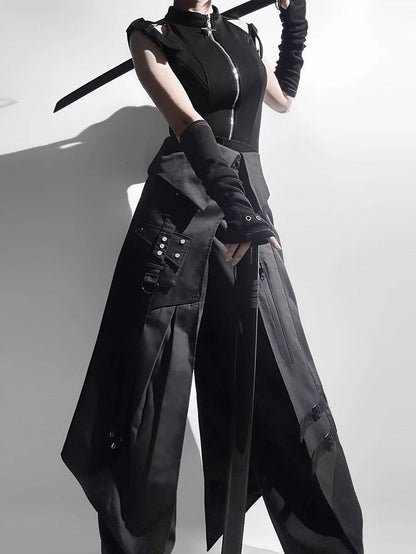 Techwear Buckle Sleeveless Top Black Shoulders Strap