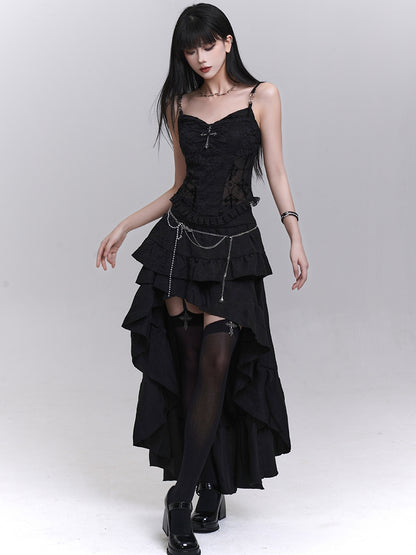 with Beaded Black Lace Patches Waist Cross Decorated Cami Top Chains