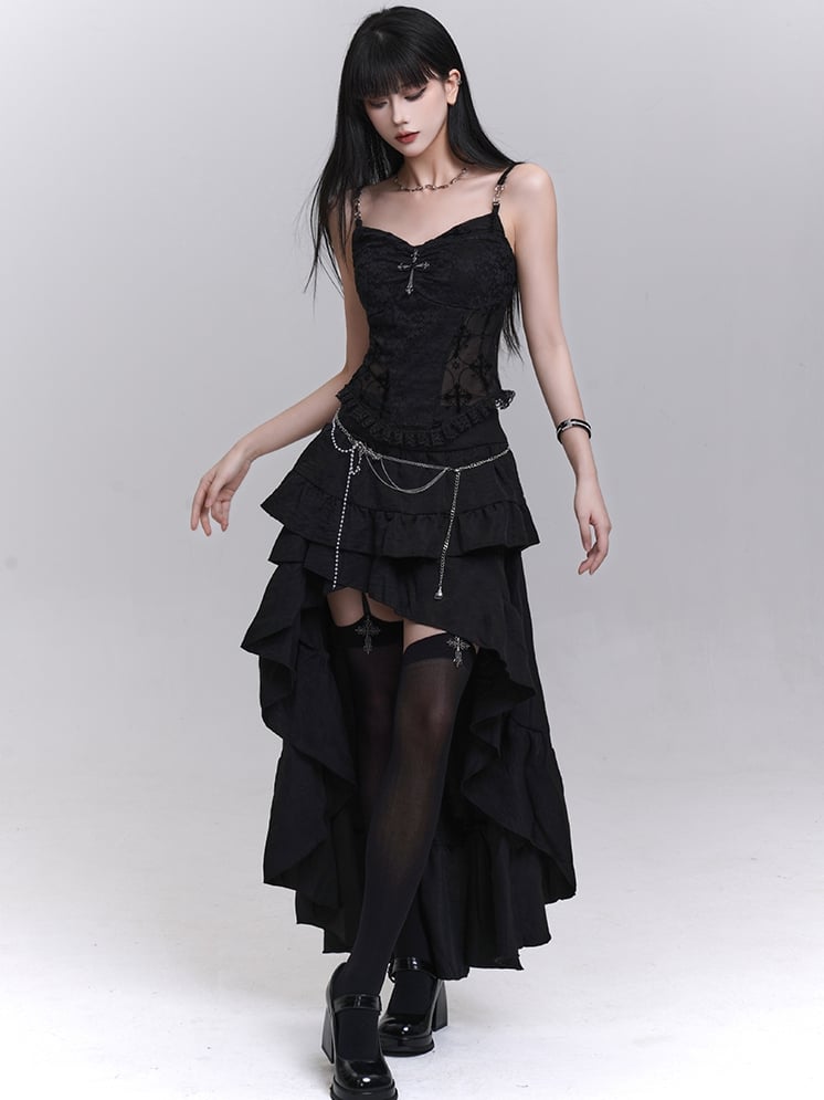 ブラックのカスケーディングフラウンストリムハイロースカート