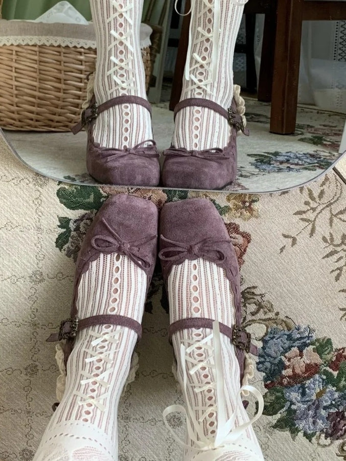 Mid Scalloped Accents Heels with Classic Purple Bow Hem