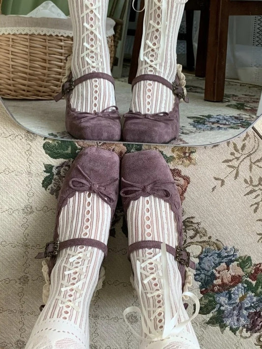 Mid Scalloped Accents Heels with Classic Purple Bow Hem