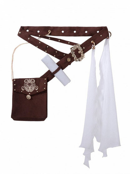 Retro Metal Buckle Belt in Brown with Attached Pocket - Xiong Dou Jiang