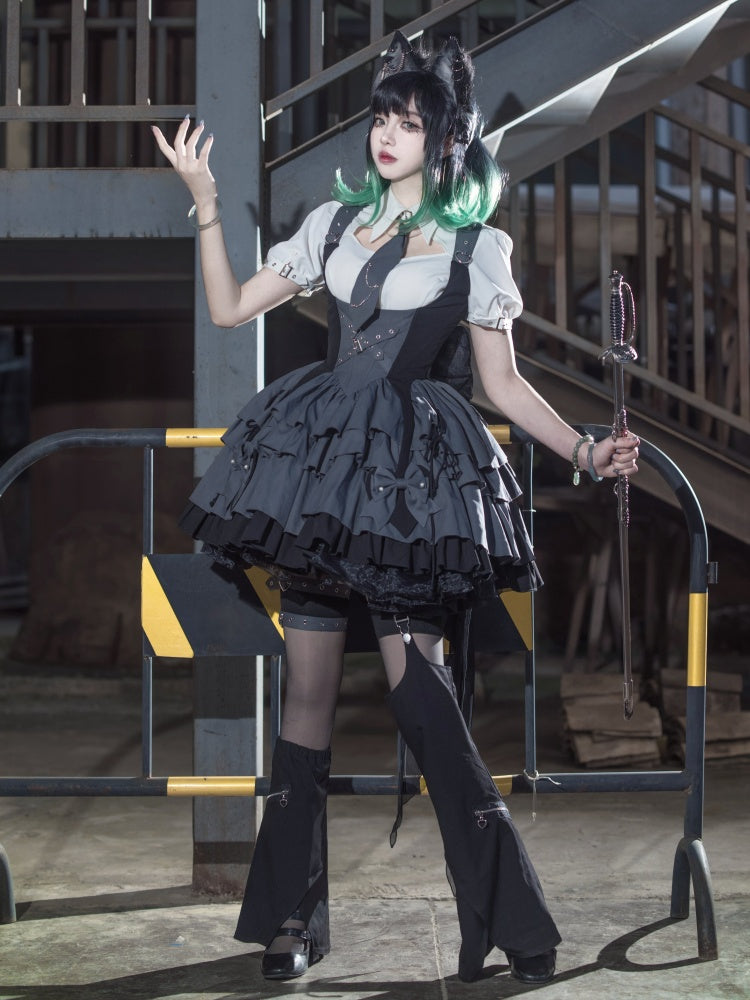 Gray and Black Under Bust Techwear Buckle Strap Lolita Dress