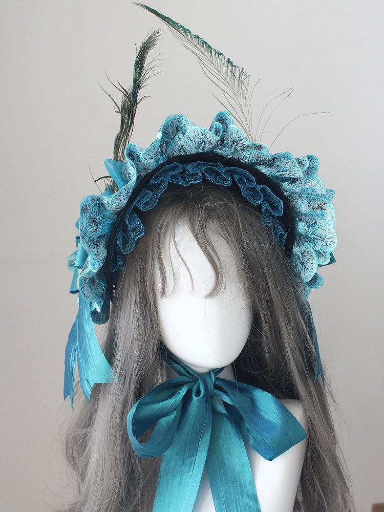Trim Design Decorated Bonnet Lace Feather Bowknot Blue Rhinestone Peacock