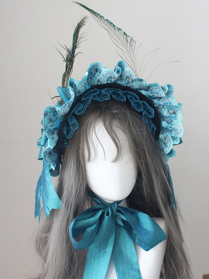 Trim Design Decorated Bonnet Lace Feather Bowknot Blue Rhinestone Peacock