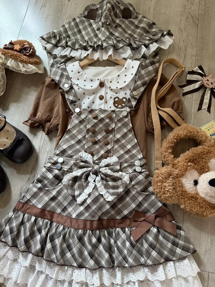 Brown Plaid Convertible Overalls Dress with Bear Hat - kukuwa