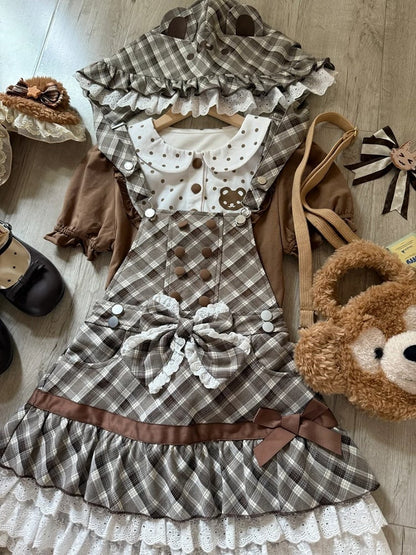 Brown Plaid Convertible Overalls Dress with Bear Hat - kukuwa