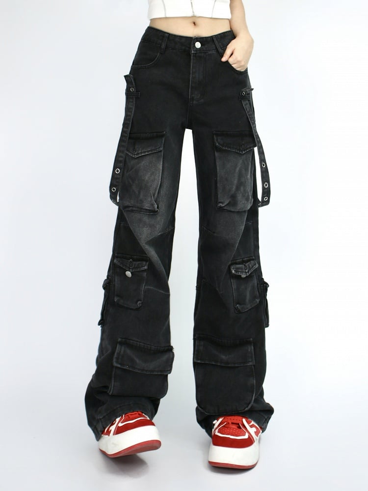 Vintage Distressed Jeans with Multiple Cargo Pockets and Denim Strap Design