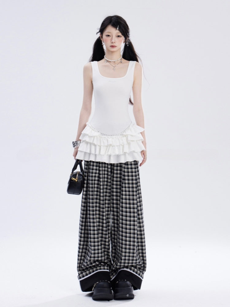 ブラックホワイトチェック柄ローウエストストレートレッグパンツ