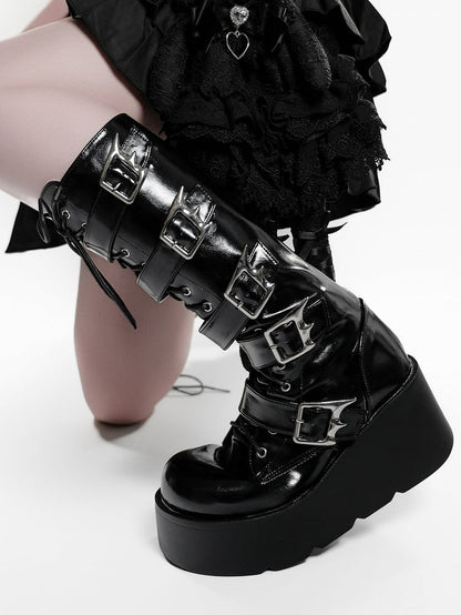 en PU noir hybride style plateforme de sécurité semelle punk système de démarrage à hauteur du genou