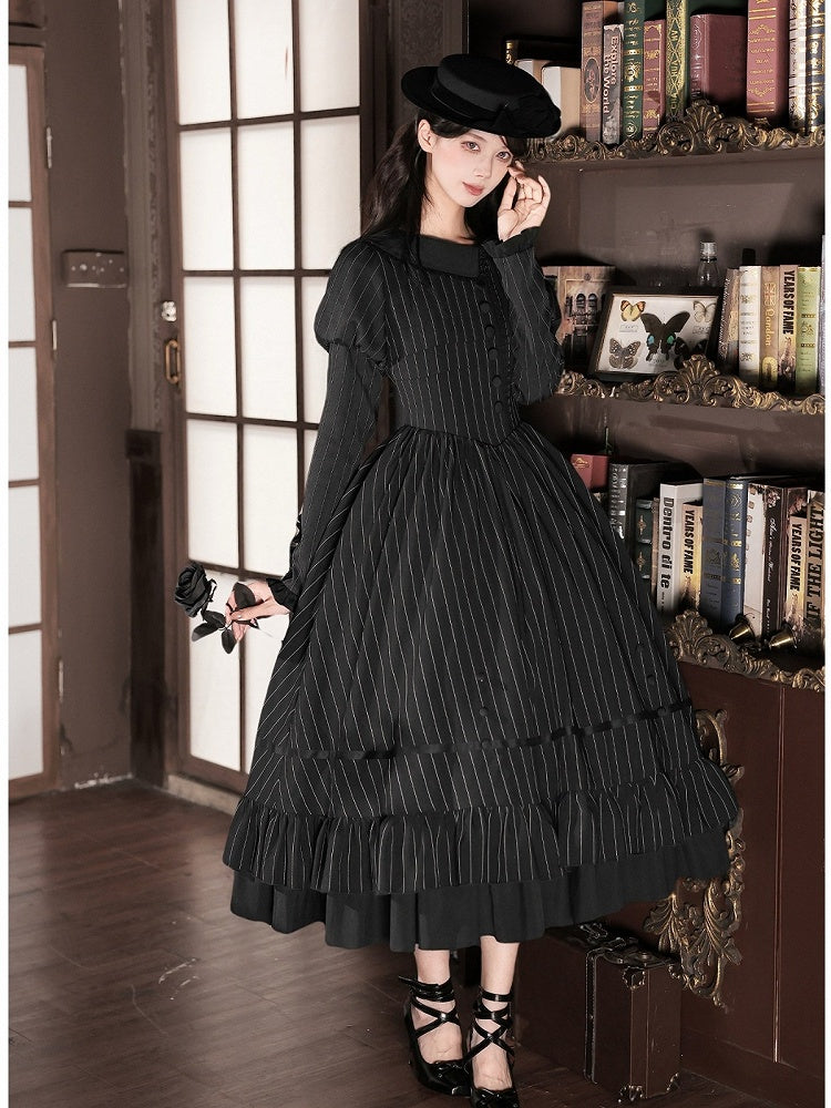 Black Striped Long Sleeve Lolita OP Dress Full Set with Mini Hat & 2-Way Bow Brooch - With PUJI