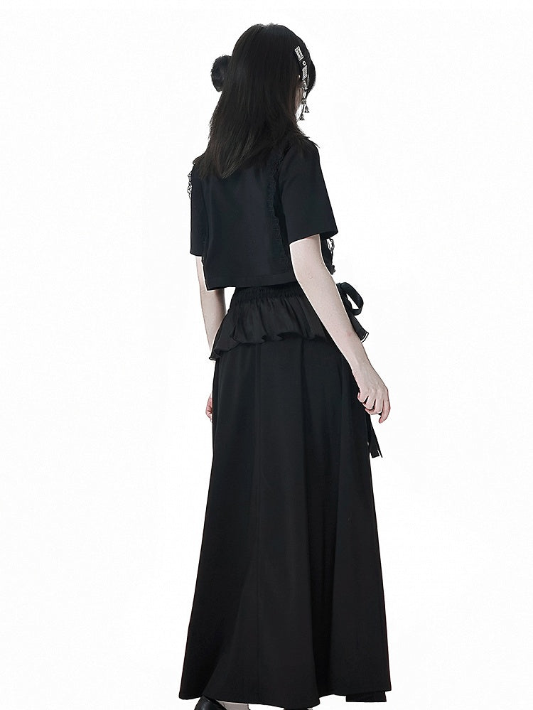 Black Cheongsam Beaded Waist Corset Belt Set Style Free Chain Hem Long Skirt with Flounce