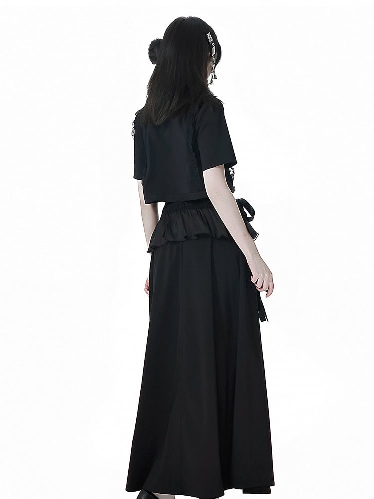 Black Cheongsam Collar Bead Details Short Sleeves Top