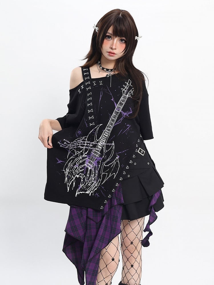 Sweet Black Guitar Print Asymmetrical Shoulder Tee with Slit