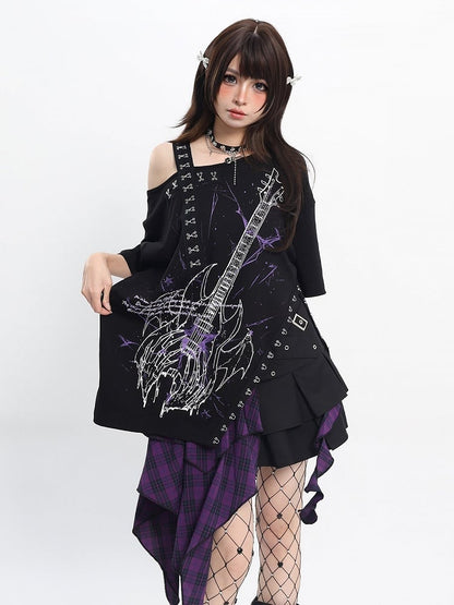 Sweet Black Guitar Print Asymmetrical Shoulder Tee with Slit