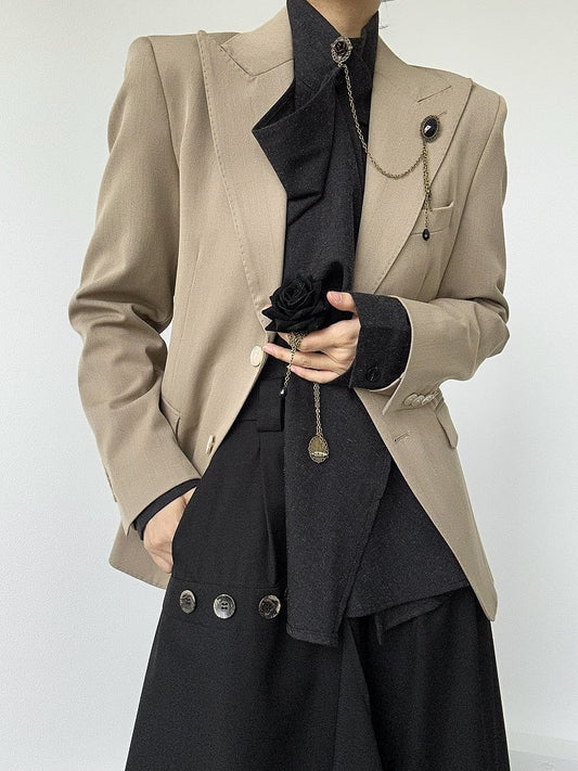 Vintage Notched Blazer with Slim-fitting Khaki Ouji Unisex Lolita Collar