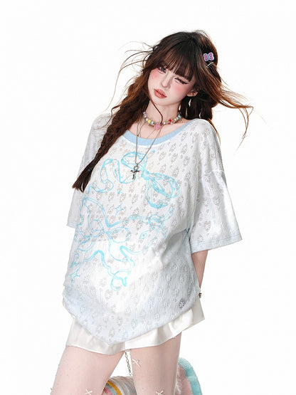 Blue/White Semi-sheer Bowknot Print Backless T-Shirt with Bow