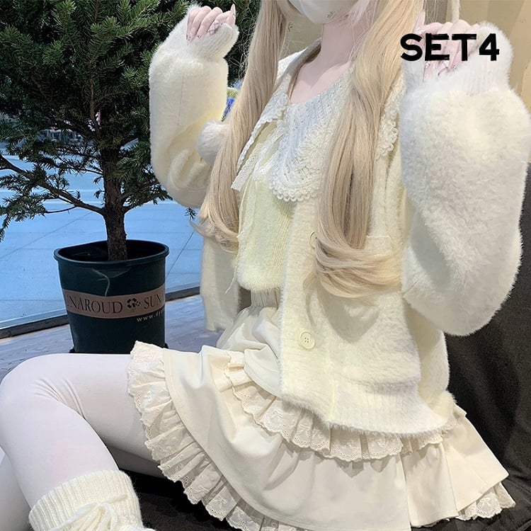 イエローのラウンドフラットカラーセーター+ホワイトカーディガン+ダブルトリプルレイヤー裏地付きスカート