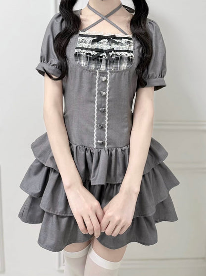 Jirai-Kei Gray Square Neck Halter Short Sleeve Gown with 3-Tier Ruffled Skirt - nekura