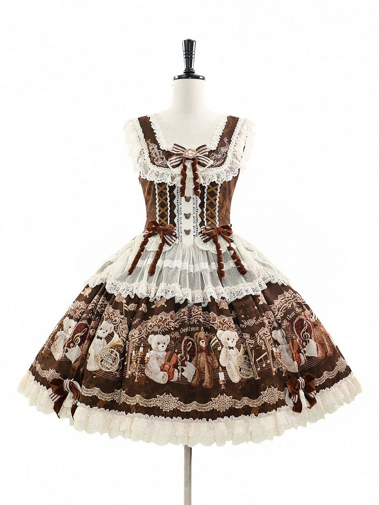 Vintage Brown Bear Symphony Theme Lolita JSK with Bow & Lace Accents - Twin Bear Original Design