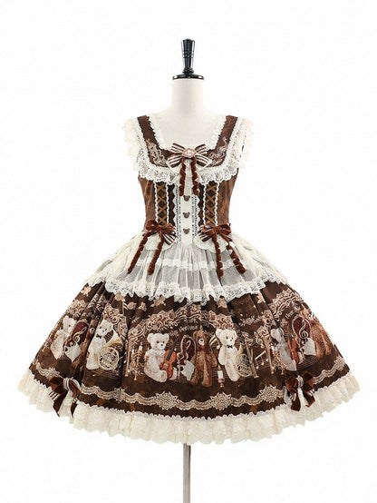 Vintage Brown Bear Symphony Theme Lolita JSK with Bow & Lace Accents - Twin Bear Original Design