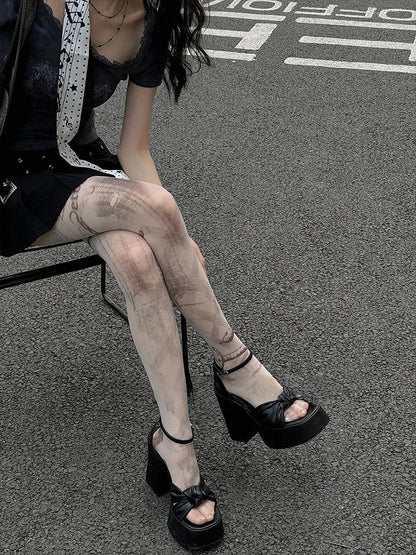 Asymmetrical Grunge Print Tights - Edgy Artistic Tattoo Style, Nude & White