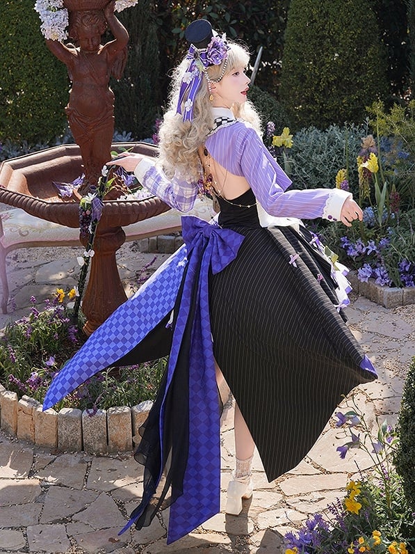 ウエストコートトップス - ブレザー クロップド丈王子セット 半分チェック柄 半分ストライプ パープルロリータ 半分黒 + 半分白 バックレス柄