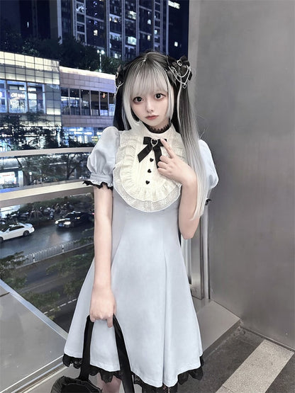 Blue/Black Back Lace Trim Jirai Kei Dress with Bow Big