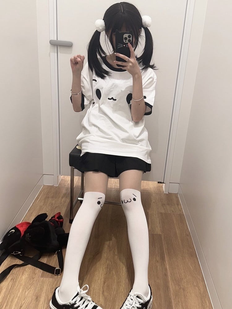 Cotton Print Crewneck Design T-shirt White with Emoji Paw Cat