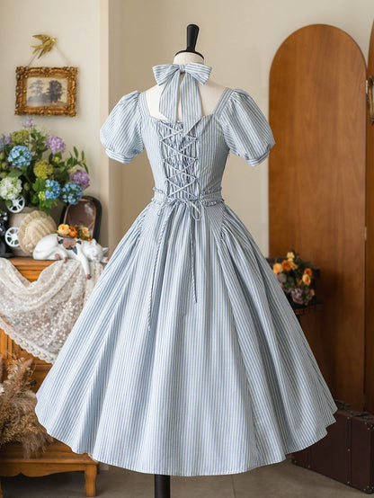 Square Sleeves Fabric Blue Dress Puff Neckline Striped Vintage Fashion Retro