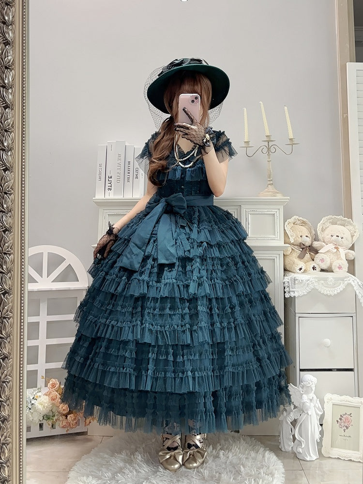 Cotton Tulle Skirt Waist Classic - Vest Green Dotted Elegant Lolita Multi-layered Set Dark Belt + Mesh