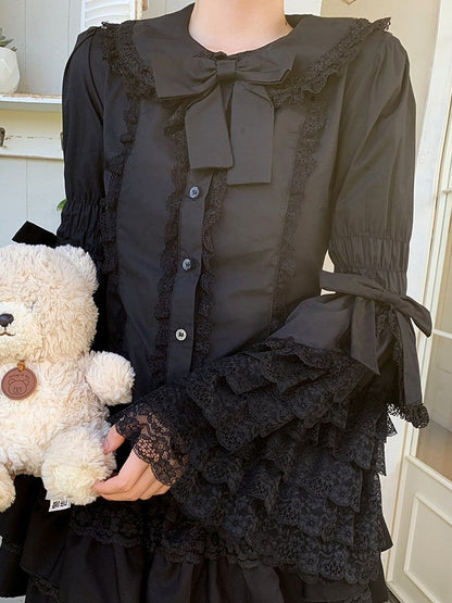 Gothic Lolita Black Bow Blouse with Flared Sleeves and Lace - Lan Jian Chuan