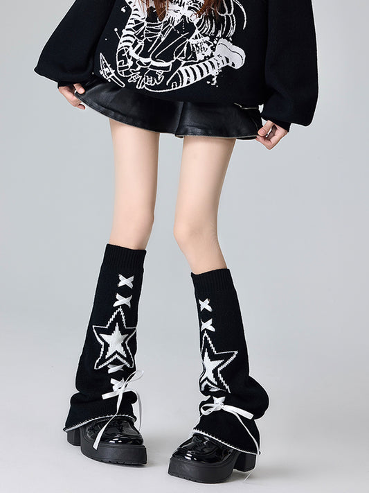 ブラック＆ホワイト/ピンク＆ホワイト スター柄 レースアップディテール レッグウォーマー