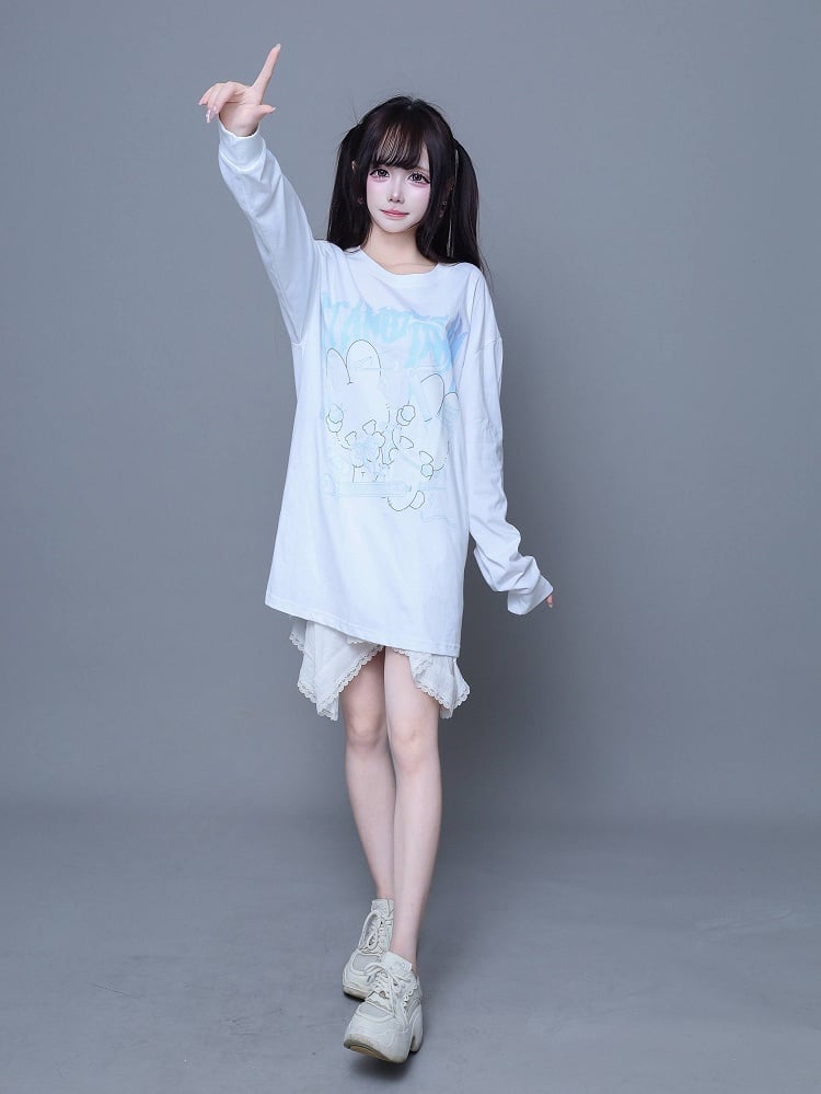 Print White Lace-Up Long-Sleeve T-Shirt Kei Jirai with Bunny