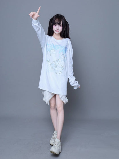 Print White Lace-Up Long-Sleeve T-Shirt Kei Jirai with Bunny
