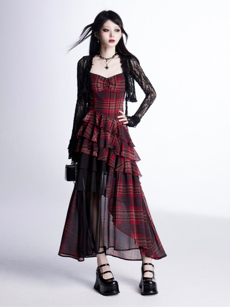 Waistline Asymmetrical Red Plaid Cami Dress Tiered Ruffles with