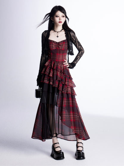 Waistline Asymmetrical Red Plaid Cami Dress Tiered Ruffles with