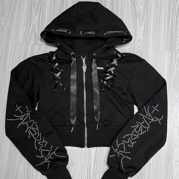 Lace-Up Dark Hoodie Stud-Decorated Black Kei Jirai