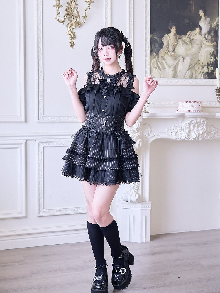 with Jirai Neckline Blouse Inspired Black Cutouts Kei Illusion Shoulder