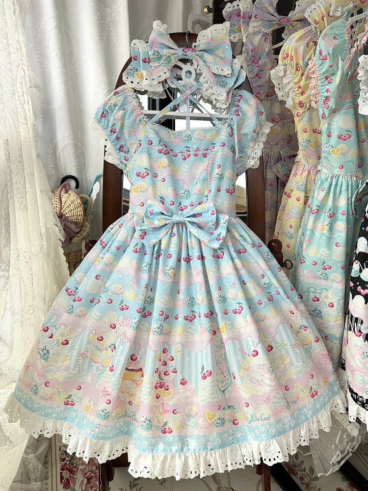 Creme Lolita Print Sweet und Kleid Sommer Kirsche Eisblau
