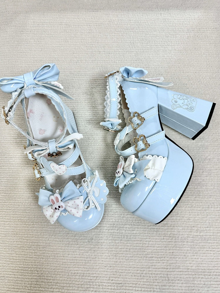 High-heel Bunny Decor Jane Bows with Mary Bunny/Strawberry Fastener Shoes Blue Light Sweet Lolita
