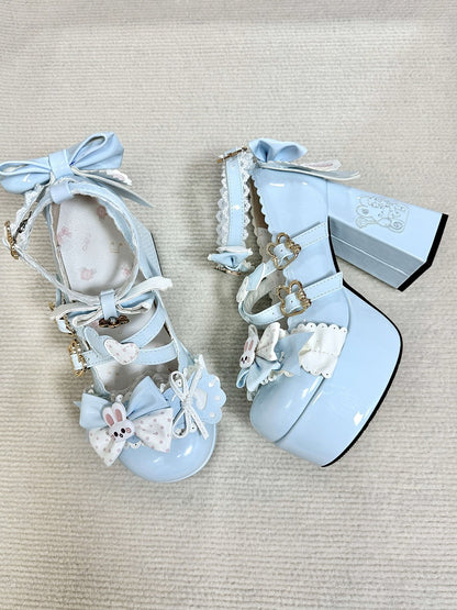 High-heel Bunny Decor Jane Bows with Mary Bunny/Strawberry Fastener Shoes Blue Light Sweet Lolita