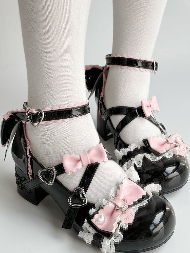 - Black PU Sweet Lolita with Details Leather Bow Janes Mary