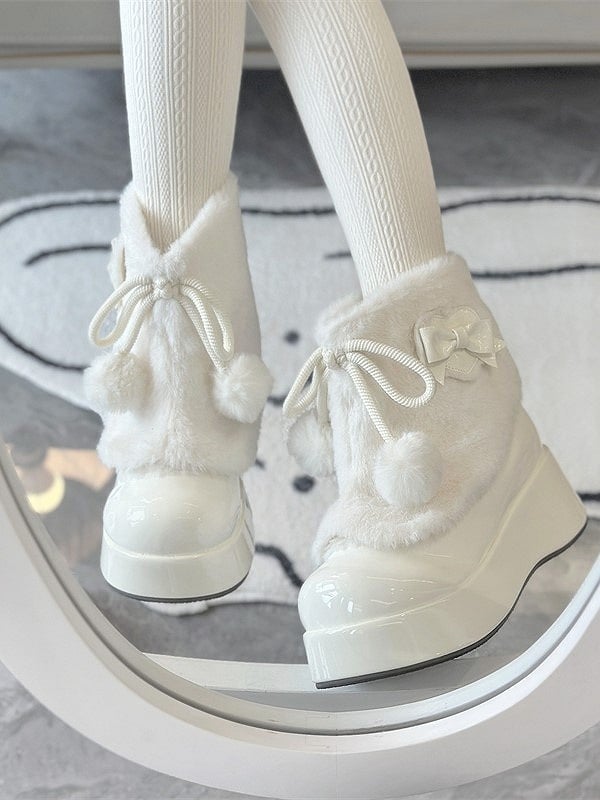 Lolita Bows Sweet Slip-On Ankle Round-Toe White Boots with Decor Pompon Accents